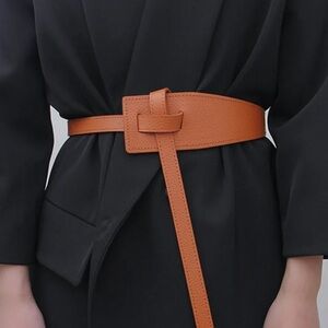 Leather Brown Belt Irregular Shape Adjustable Knot Long Waistband Suit Corset